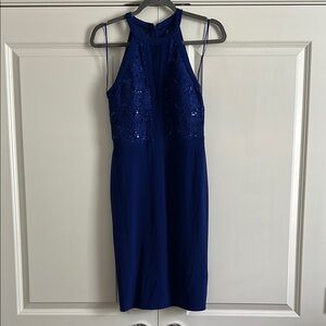 R&M Richard’s Blue Sleeveless Halter Sheath Dress